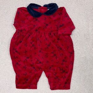 OshKosh B'gosh Red and Navy velour Floral One Piece vintage 0/3m